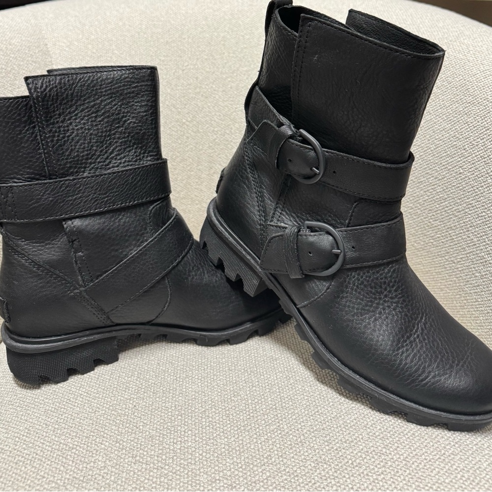 Sorel Black Leather Buckle Combat Moto Boots